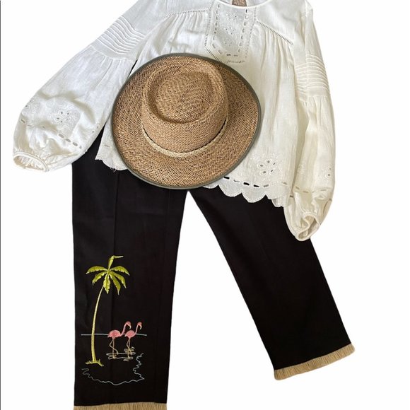 Vintage David Paul of NYHigh Waisted Capri Pants Embroidered Jute Fringe Hem
